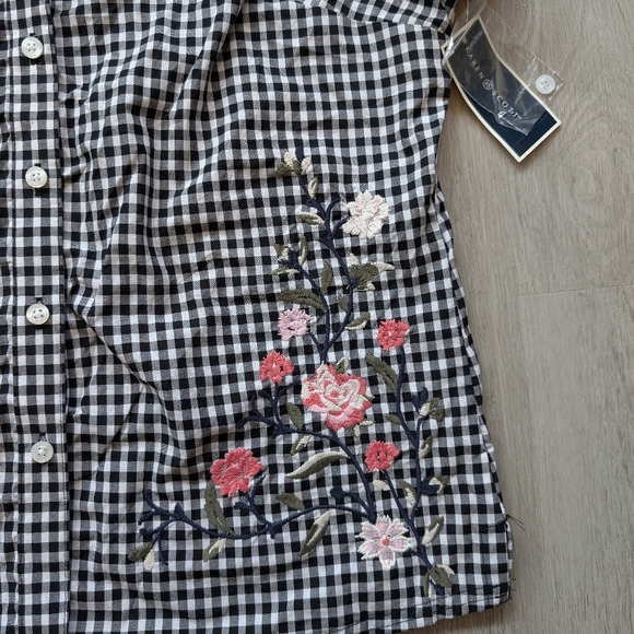NWT Karen Scott Floral Embroidered Gingham Black&White Shirt Size M - Picture 8 of 13